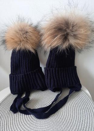 Комплект зимний шапка с натуральным мехом натуральный помпон енот и хомут4 фото