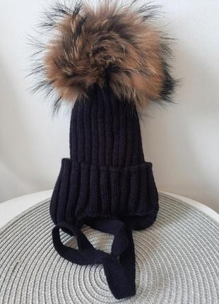 Комплект зимний шапка с натуральным мехом натуральный помпон енот и хомут5 фото