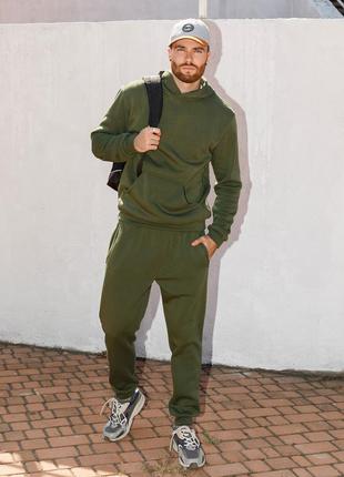 Утеплений флісом костюм кольору хакі з капюшоном