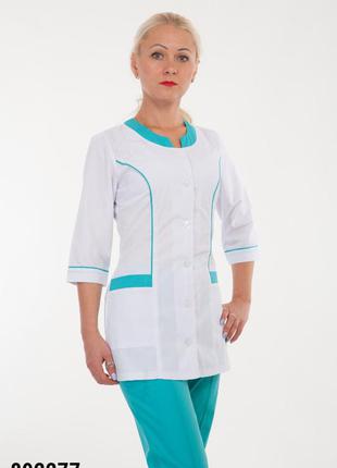 Костюм медичний, р.42-66, батист/бавовна, білий/бірюзовий, жіночий спецодяг, 892277