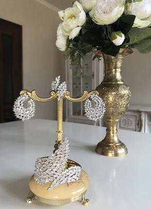 Серебристый набор из циркония, серьги, браслет и кольцо