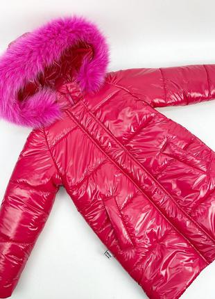 Зимове пальто малинове з лаку монклер з натуральним хутром дуже тепле3 фото