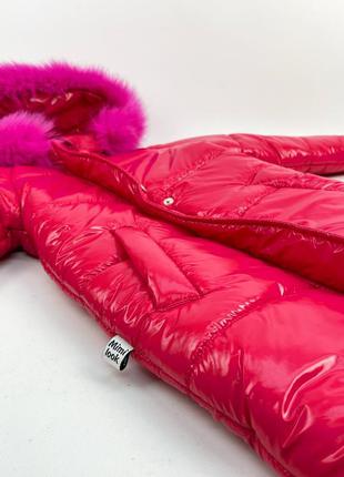 Зимове пальто малинове з лаку монклер з натуральним хутром дуже тепле6 фото
