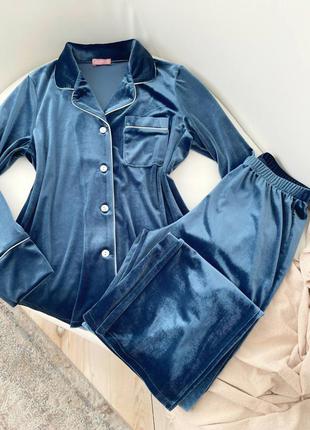 Велюрова піжама сорочка+штани/оксамитова блакитна піжама/домашній піжамний костюм/велюрова піжама сорочка і штани, домашній костюм