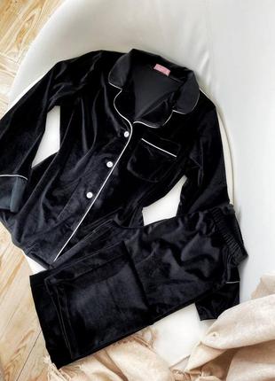 Велюровая пижама рубашка+штаны/бархатная чёрная пижама/домашний пижамный костюм/велюрова піжама сорочка і штани, домашній костюм