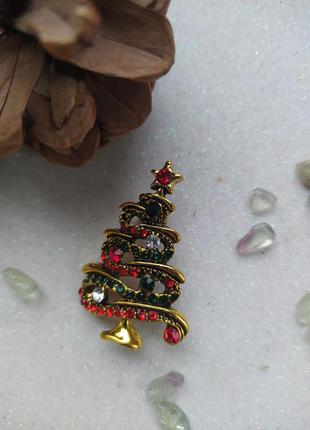 Новогодняя брошь елка,  рождественская брошка ёлка, кристаллы стразы ёлочка, блискуча ялинка2 фото