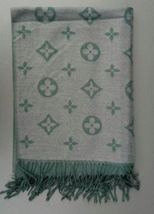 Louis vuitton  шарф женский кашемировый теплый плотный зимний  зеленый с серым5 фото