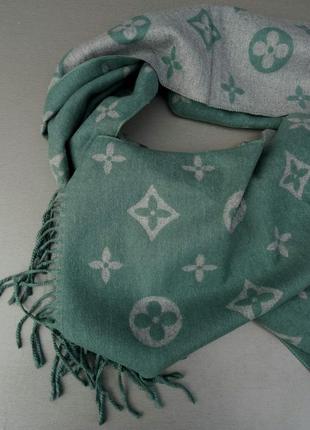 Louis vuitton  шарф женский кашемировый теплый плотный зимний  зеленый с серым3 фото