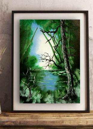 Картина акрилом лесное озеро авторская пейзажная живопись