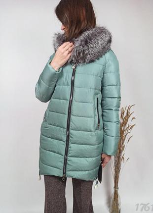 Мятное пуховое пальто с натуральным мехом, м'ятне пухове пальто з натуральним хутром
