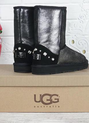 Угги женские кожаные сапоги ugg australia черные серебро6 фото