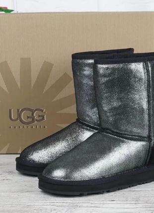 Угги женские кожаные сапоги ugg australia черные серебро1 фото