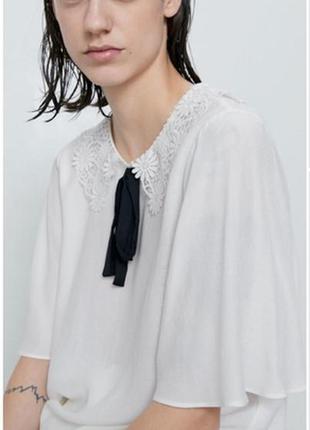 Zara вискозная блуза с кружевным воротником и контрастной завязкой7 фото