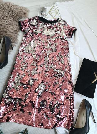 Платье на черной ткани серебряно-розовые паетки перевертыши8 фото