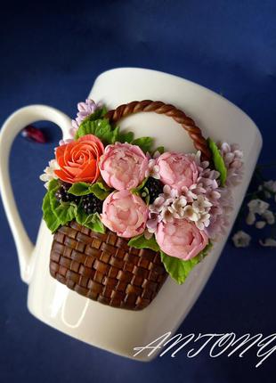 Подарок, сувенир чашка с цветами пионы, розы и белая сирень1 фото