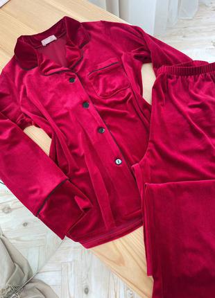 Яркая красная пижама, бархатная пижама рубашка и штаны, домашний костюм, піжама5 фото