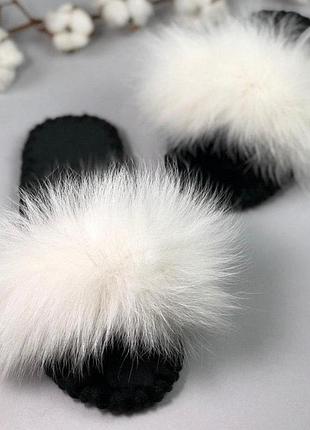 Жіночі домашні тапочки на фетровому підошви ручної роботи з хутром песця кольору экри