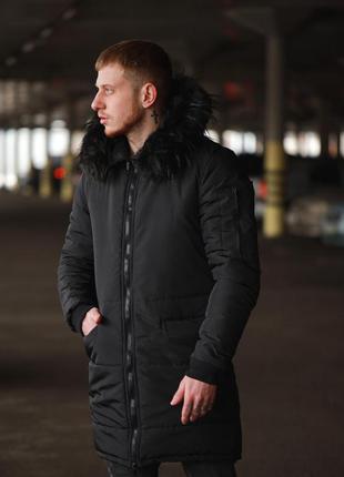 Зимняя парка мужская куртка с мехом черная4 фото