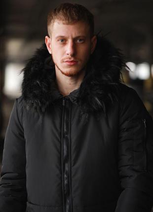 Зимняя парка мужская куртка с мехом черная6 фото
