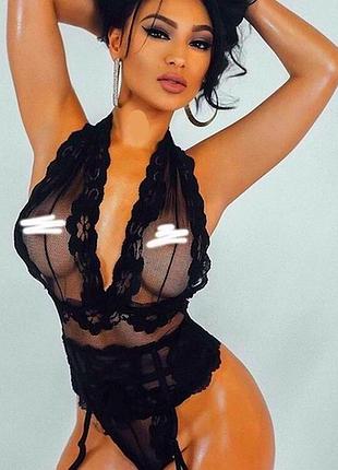 Чорний мереживний гіпюровий тедді боді костюмчик "сиара" дуже приталений з красивими візерунками