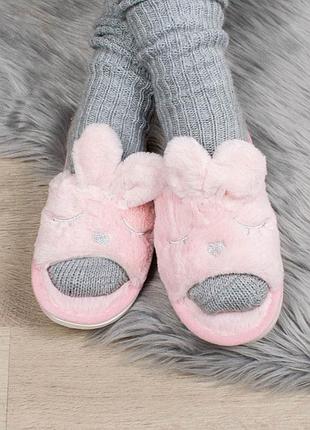 Стильные розовые пудра комнатные домашние тапочки тапки теплые с ушками открытые