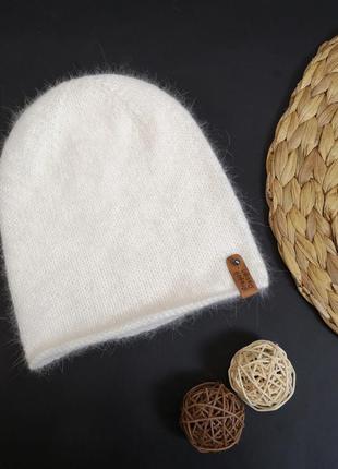 Набір рукавиці і шапка біні пухнаста біла тофу ангора кролик3 фото