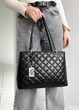 Женская кожаная стеганная сумка тоут формата а4 на плечо polina & eiterou черная