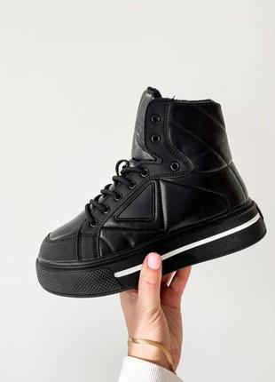Женские зимние кроссовки черные на высокой платформе, кроссовки стильные на меху5 фото