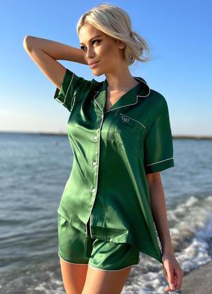Шелковая женская пижама шорты и рубашка "милан" зеленая.  натуральный шелк.