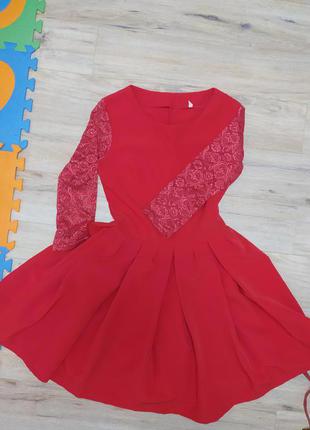 Красное коктейль платье гипюр рукав юбка солнце1 фото