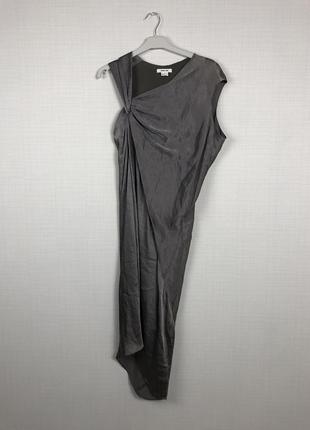 Вечірній шовкове плаття атласне вільний з драпіруванням вузлом асиметричне на одне плече міді
