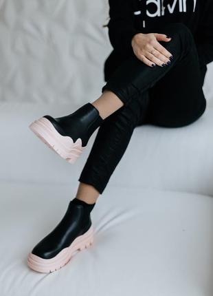 Зимние женские ботинки на меху bottega veneta mini no logo, розовые/черные (боттега, черевики)6 фото