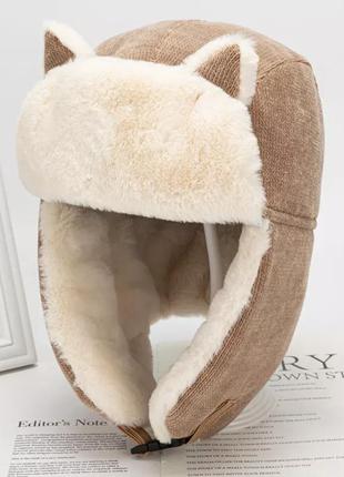 Стильная милая теплая плюшевая шапка ушанка с ушками котика и мехом корейский стиль3 фото