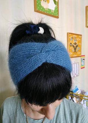 Повязка на голову с ангорского кролика.(цвет- петроль и пудра) готовим подарки!