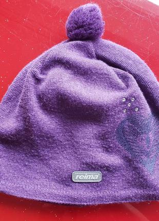 Reima шапка бини девочке 52-54 см фиолетовая стразы 50% шерсть флисовая подкладка