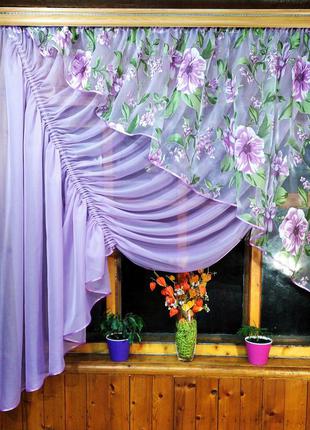 Готовая занавеска камелия сирень яблочный цвет сиреневый левая