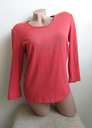 Коралловый лонгслив со стразами. футболка рукава 3/4. терракотовая, кирпичная.