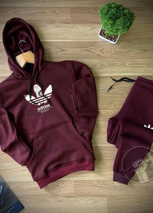 Зимний мужской спортивный трикотажный костюм на флисе adidas