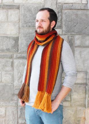 Мужской шерстяной шарф с бахромой  длинный зимний шарф в полоску коричневый терракотовый горчичный