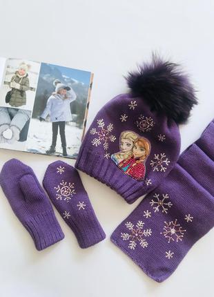 Frozen - шапка, шарф, варежки -  merino wool - ручная роспись, стразы, помпон натуральный  мех 52-54