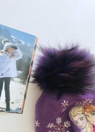 Frozen - шапка, шарф, рукавиці - merino wool - ручний розпис, стрази, помпон натуральне хутро 52-544 фото