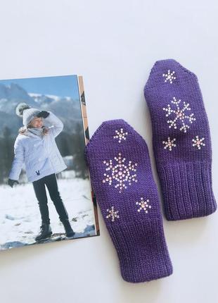 Frozen - шапка, шарф, варежки -  merino wool - ручная роспись, стразы, помпон натуральный  мех 52-545 фото