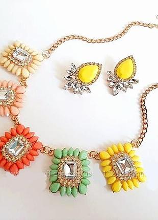 Яскравий кольоровий набір прикрас кольє та сережки з кристалами комплект біжутерії