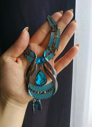 Набір біжутерії, намисто та сережки,святковий комплект прикрас в синьому кольорі5 фото