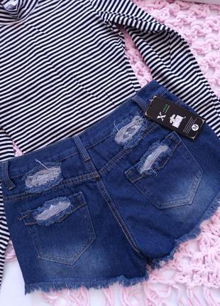 Новые джинсовые шорты короткие рваные бахрома гипюровые вставки плотные jeans3 фото