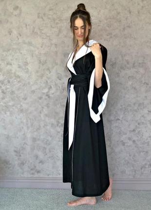 Довгий халат з широким поясом і капюшоном з натурального льону, красивий жіночий лляний халат кімоно7 фото