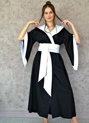 Довгий халат з широким поясом і капюшоном з натурального льону, красивий жіночий лляний халат кімоно1 фото