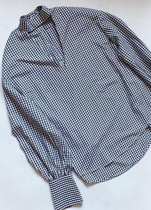 Блуза-сорочка в актуальну чорно-білу клітинку, з чокером, оверсайз, об'ємні рукави (zara) xs-s8 фото