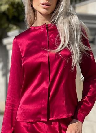 Женская блузка стойка из натурального шелка, рубашка бордовая. 100% шелк6 фото