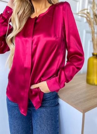 Женская блузка стойка из натурального шелка, рубашка бордовая. 100% шелк7 фото